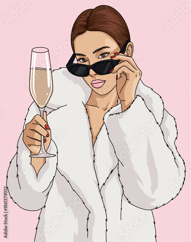 Luxurious Woman Wearing a White Fur Coat and Sunglasses, Holding a Champagne Flute Isolated on Pink Background
