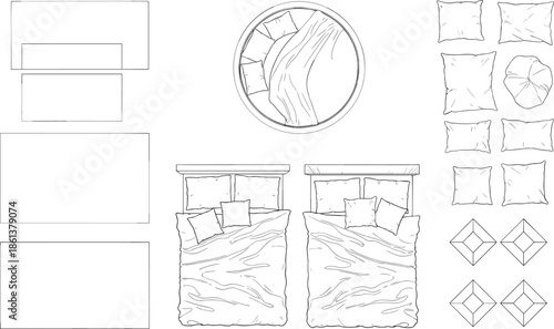 Bedroom furniture top view outline illustration set featuring beds pillows blankets and decor elements minimalist line art vector design collection