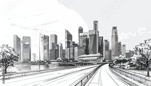 Perspective view of a modern urban street with glass skyscrapers sketch