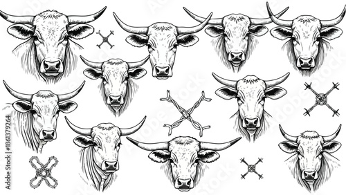 Seamless pattern of hand drawn bull heads with horns monochrome art