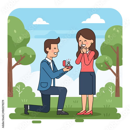 Man proposing marriage to a surprised woman with an engagement ring.