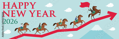 午年をイメージした矢印の上を走る先生と学生が乗った馬のイラストの横長の年賀状_女性教師_happy new year,
