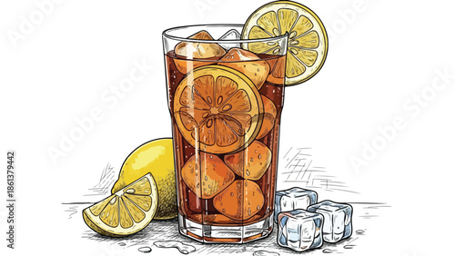 Tall glass of iced lemon tea with mint and fresh citrus slices