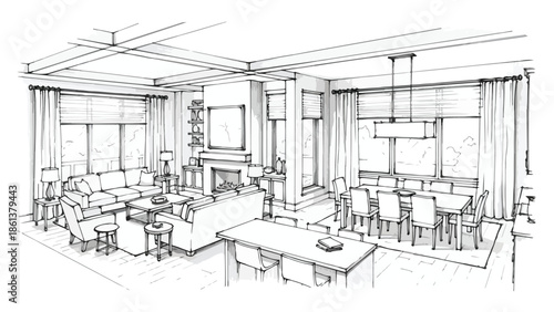 Modern open plan living room and kitchen interior sketch