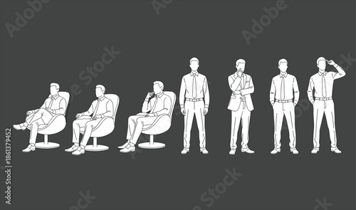 Business men outline illustration set showing sitting and standing male professionals in formal office attire minimalist vector design collection style