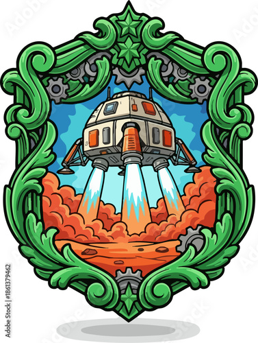 Detailed Pixel Art Space Rocket Launch Ornate Decorative Shield