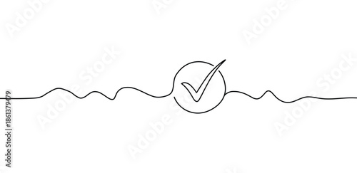 Continuous line drawing of a check mark inside a circle a wavy line