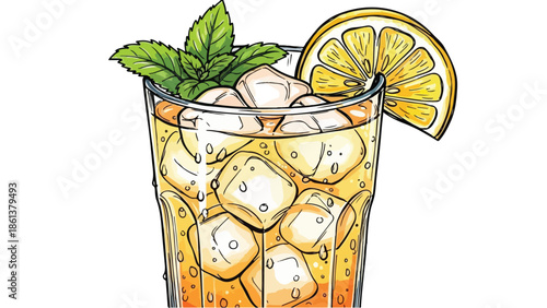 Refreshing glass of iced lemon tea with mint leaves illustration