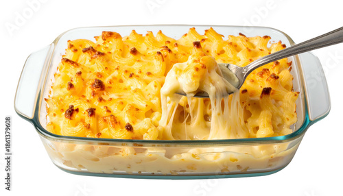 Baked macaroni and cheese in a glass dish, being served with a spoon