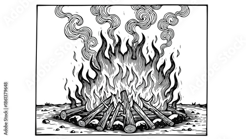 Simple hand drawn campfire sketch with logs and rising smoke