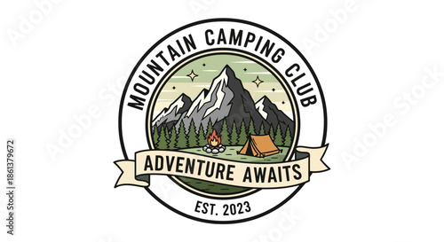 Mountain camping club emblem with tent, campfire, and mountains, adventure awaits label, established 2023