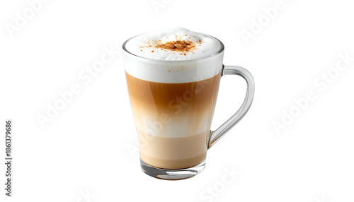 Clear mug showing layered beverage with froth and garnish, isolated on black