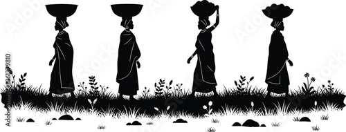 Set of African women silhouettes carrying baskets on heads, traditional village life scene, female figures walking in nature, tribal culture vector illustration, rural.