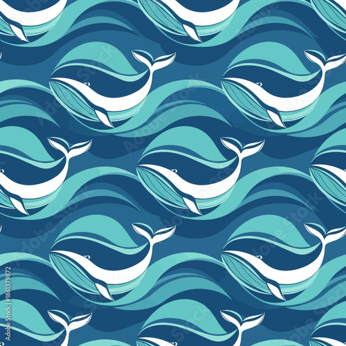 Seamless pattern of stylized whales swimming in ocean waves. Vector Illustrations. EPS Editable
