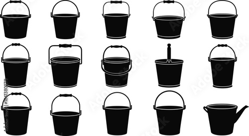Set of bucket silhouettes, assorted water pail icons for garden and housework, cleaning containers and metal pails, industrial bucket shapes, vector illustration, cleaning.