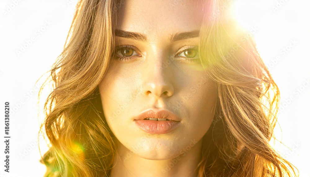 Fototapeta premium A young woman's face illuminated by a bright light from the side, capturing her serene expression