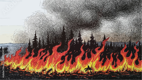 Dramatic illustration of a forest fire with intense flames and smoke