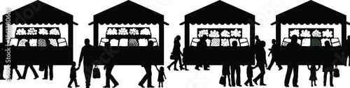 Set of farmers market stall silhouettes, people shopping at outdoor street fair, vendors selling local produce, community festival event, vector illustration, commerce.