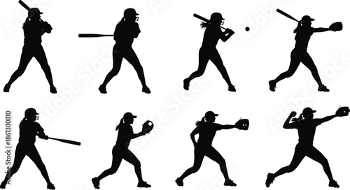 Set of Female Baseball and Softball Player Silhouettes Featuring Batting, Pitching, Catching, and Throwing Actions, Isolated on White Background for Sports Graphic Design,