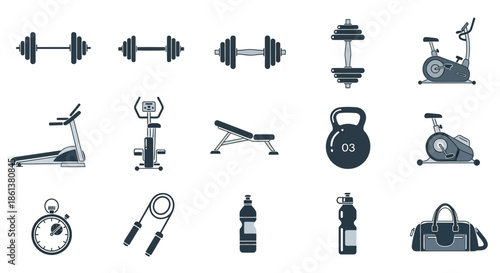 Fitness equipment set with dumbbells kettlebells exercise bikes and accessories for workout and training