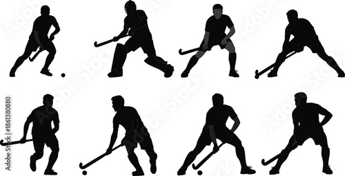Set of Field Hockey Player Silhouettes Featuring Athletes in Action Poses Like Dribbling, Passing, and Goal Keeping Isolated on White Background,