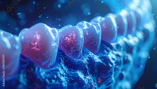 A microscopic view of cells with red nuclei in a blue environment