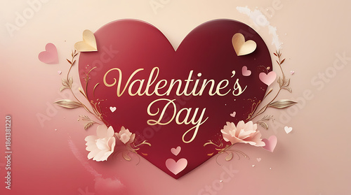 Valentines Day heart with flowers and gold text on pink background