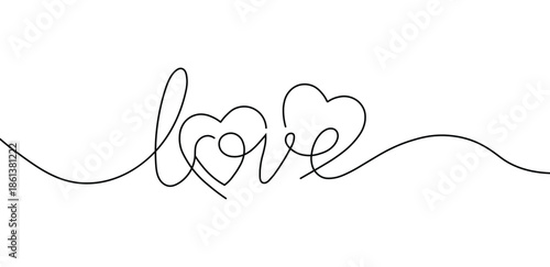 Continuous line drawing of the word love with heart shapes integrated