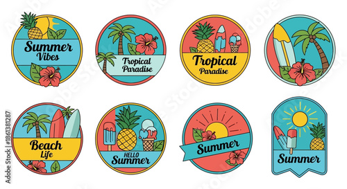 Collection of colorful summer themed stickers with tropical elements and text on white background