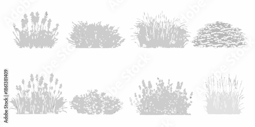 A collection of grayscale shrub and grass silhouettes on a white background