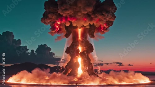 Massive Atomic Explosion Over Desert: Nuclear Blast Energy and Destruction Power