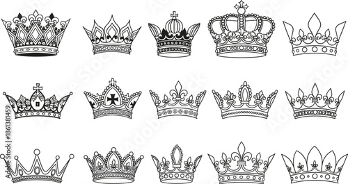 Set of royal crown vector illustrations featuring king and queen headgear in black line art style