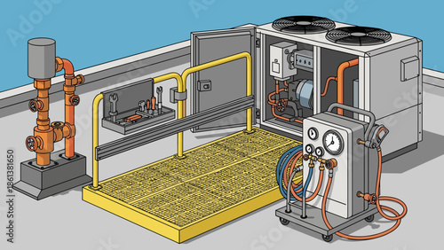 Industrial HVAC unit with refrigerant recovery machine and safety equipment on a rooftop