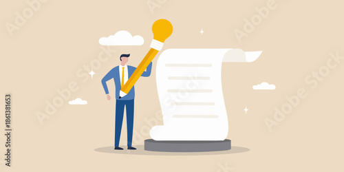 Man writing on a scroll with a pencil shaped like a lightbulb