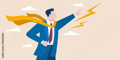 A confident superhero businessman points forward with energy and determination