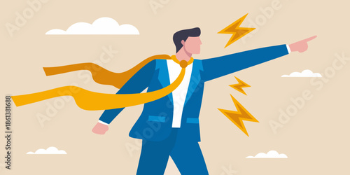A confident businessman with a cape points forward energized by lightning bolts