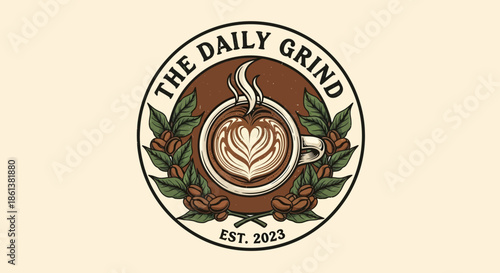 Vintage coffee shop logo with coffee cup and leaves, the daily grind emblem, retro style, warm tones, circular design, established 2023