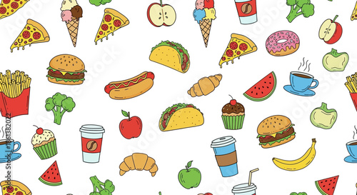 Colorful fast food and snack illustrations on white background, including pizza, burgers, tacos, fries, desserts, fruits, and drinks