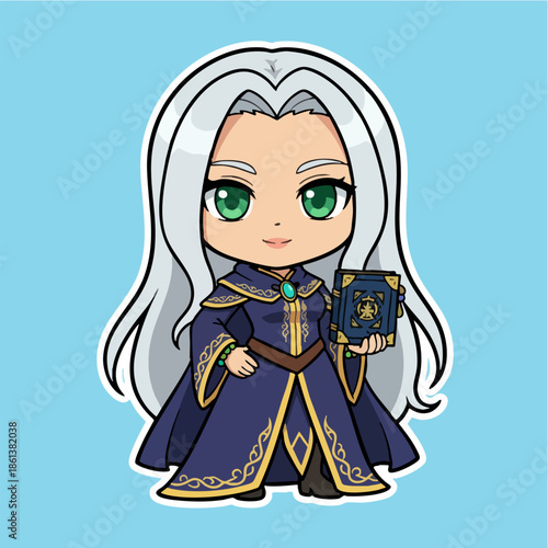 Chibi Sorceress Character Holding Magic Spell Book Illustration