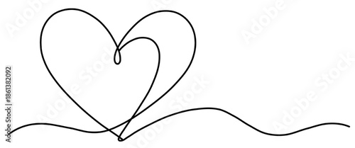 Minimalist continuous line illustration of a heart drawn with a single black stroke, extending into a smooth flowing line beneath. Elegant hand-drawn love symbol isolated on a white background.