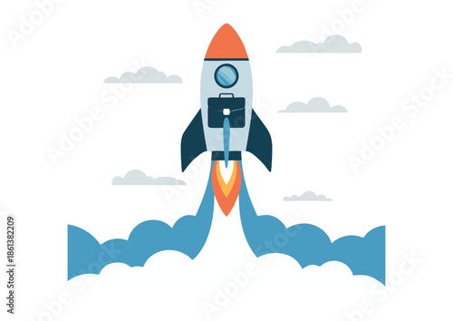 Dynamic business rocket launch symbolizing ambitious startup growth, rapid development, and successful project initiation towards entrepreneurial triumph and innovative future endeavors