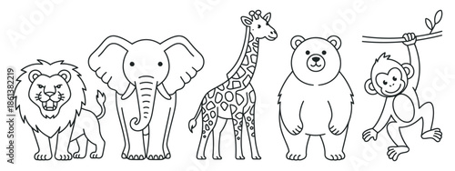 Collection of cartoon zoo animals including a lion, elephant, giraffe, bear, and monkey