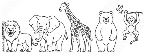 Adorable line art collection featuring a variety of wild and safari animals, perfect for educational content or children's designs