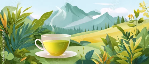 Panel kuchenny z motywem Minimalist vector illustration of green tea with scenic mountain backdrop