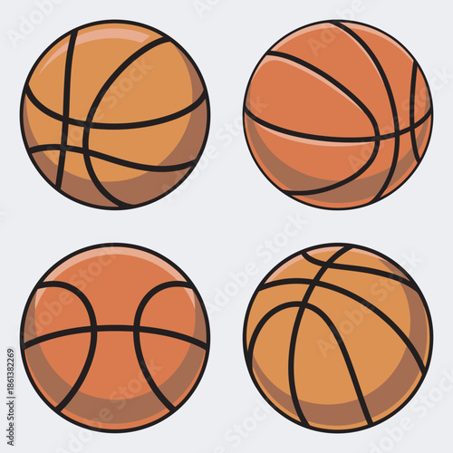 Dynamic collection of four distinct orange basketball illustrations for sports game elements and athletic activities
