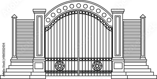 Black and white outline illustration of ornate iron gate with pillars and steps
