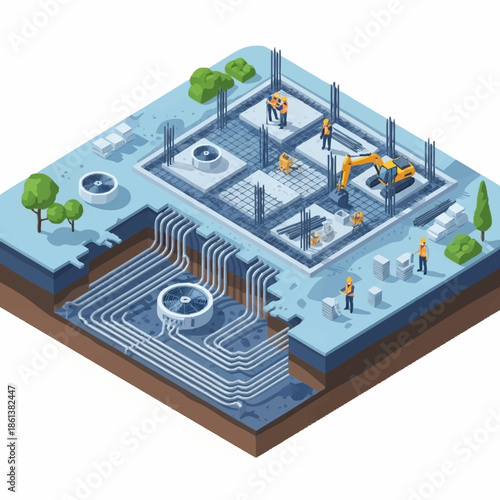 Construction site isometric view of building foundation and underground utilities.