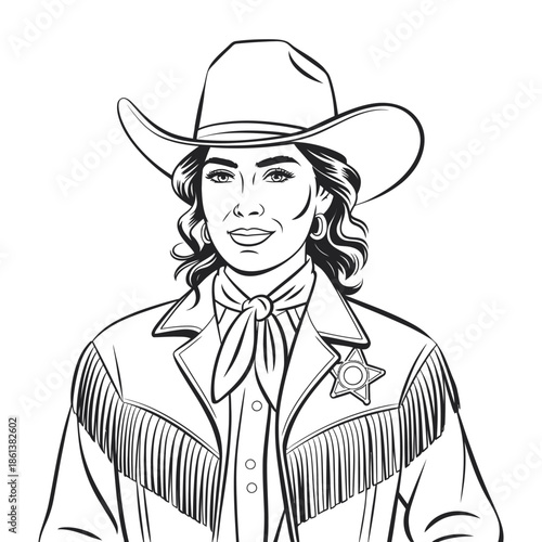 Portrait of a smiling woman dressed as a cowboy with a sheriff's badge