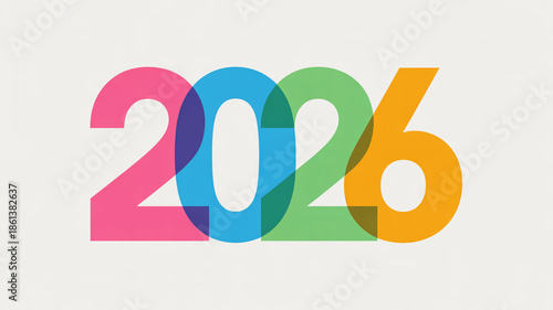 A modern and vibrant design featuring the number 2026 with overlapping colorful digits in pink, blue, green, and orange