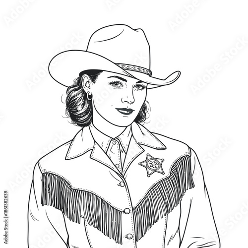 Confident Cowgirl Sheriff Line Art Portrait in Western Attire and Hat with Fringed Jacket